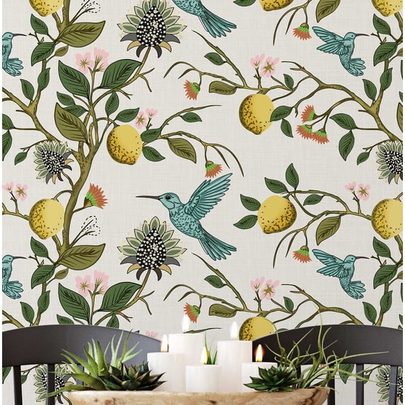 S4Sassy Self Adhesive Wallpaper, Hummingbird & Lemon Tree Wallpaper, Blue Removable Diy Vinyl Wall Covering, Textured Peel And Stick Contact Paper For Entryway Accent Wall, Easy Home Decor (25"X 60")