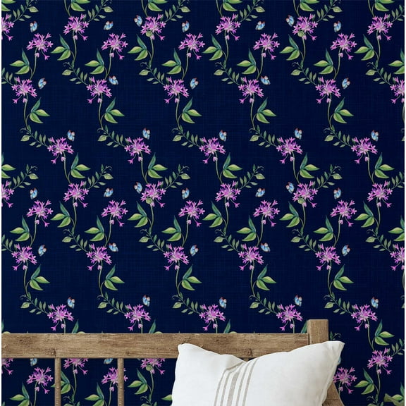 S4Sassy Self Adhesive Wallpaper, Orchid Vine Trail Wallpaper, Blue Removable Diy Vinyl Wall Covering, Plain Peel And Stick Contact Paper For Entryway Accent Wall, Easy Home Decor Solution(25"X60")