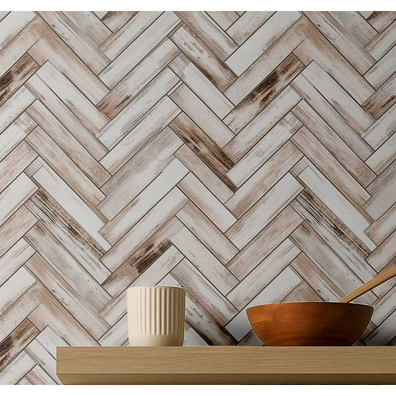 S4Sassy Self Adhesive Wallpaper, Vintage Wood Zig Zag Tile Print Wallpaper, Beige Diy Vinyl Tile Pattern Wall Covering, Plain Peel And Stick Contact Paper For Entryway, Kitchen Backsplash(25"X360")