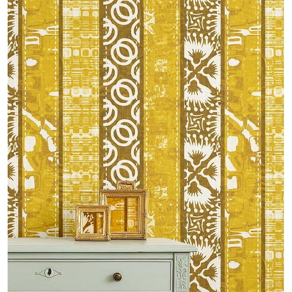 S4Sassy Self-Stick Decorative Boho Wallpaper, Circular Stripes Wall Paper, Plain Vinyl Waterproof Contact Paper, Yellow, 25"X240" Removable Renter Friendly Wall Covering For Bedroom, Dining Room