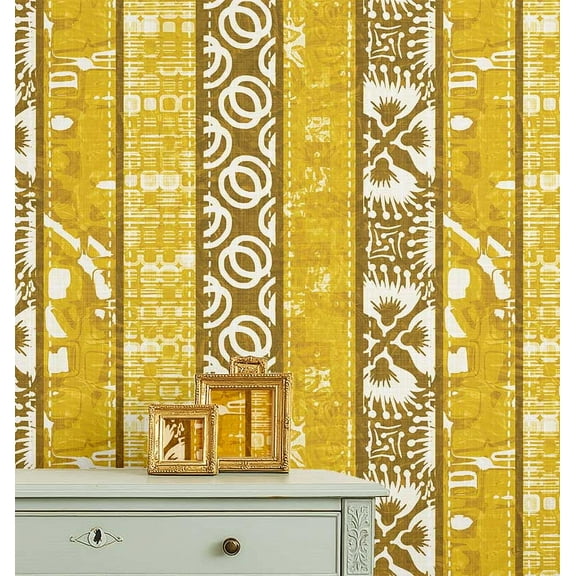 S4Sassy Self-Stick Decorative Boho Wallpaper, Circular Stripes Wall Paper, Textured Vinyl Waterproof Contact Paper, Yellow, 25"X120" Removable Renter Friendly Wall Covering For Bedroom, Dining Room