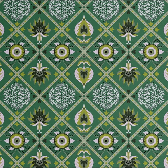 S4Sassy Self-Stick Decorative Boho Wallpaper, Diamond Floral Medallion Wall Paper, Plain Vinyl Waterproof Contact Paper, Green, 25"X360" Removable Renter Wall Covering For Bedroom, Dining Room