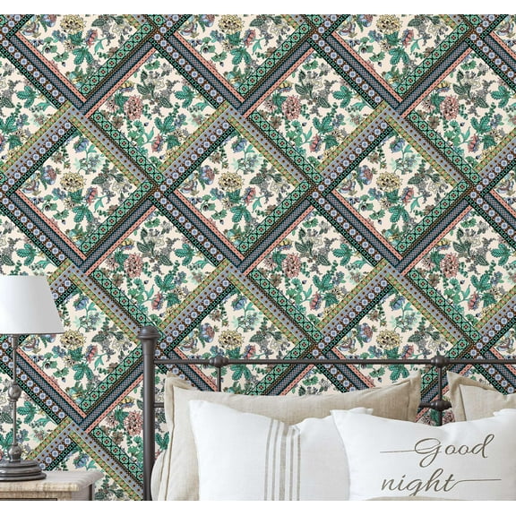 S4Sassy Self-Stick Decorative Boho Wallpaper, Floral Patch Print Wall Paper, Textured Vinyl Waterproof Contact Paper, Green, 25"X 120" Removable Renter Friendly Walls Covering For Bedroom