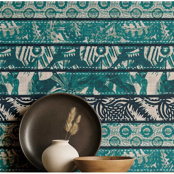 S4Sassy Self-Stick Decorative Boho Wallpaper, Handblock Striped Wall Paper, Textured Vinyl Waterproof Contact Paper, Teal, 25"X240" Removable Renter Wall Covering For Bedroom, Dining Room