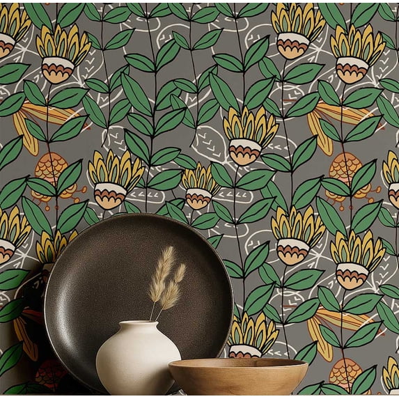 S4Sassy Self-Stick Decorative Boho Wallpaper, Retro Botanical Floral Wall Paper, Vinyl Waterproof Contact Paper, Gray, 25"X 240" Removable Renter Friendly Walls Covering For Bedroom, Dining Room
