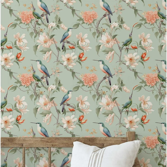 S4Sassy Self-Stick Decorative Wallpaper, Birds & Garden Bloom Wall Paper, Plain Vinyl Waterproof Contact Paper, Green, 25"X360" Removable Renter Wall Covering For Bedroom, Dining Room