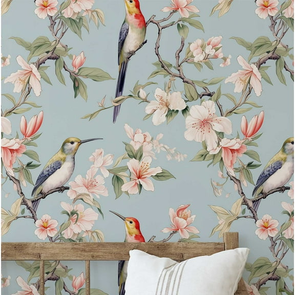 S4Sassy Self-Stick Decorative Wallpaper, Crested Bird & Cherry Blossom Wall Paper, Plain Vinyl Waterproof Contact Paper, Blue, 25"X60" Renter Friendly Wall Covering For Bedroom, Dining Room