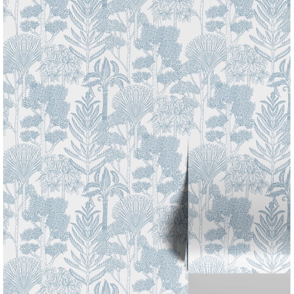 S4Sassy Self-Stick Decorative Wallpaper, Hand-Sketched Tropical Trees Wall Paper, Vinyl Waterproof Contact Paper, Blue, 25"x360" Removable Renter Friendly Wall Covering For Bedroom, Dining room