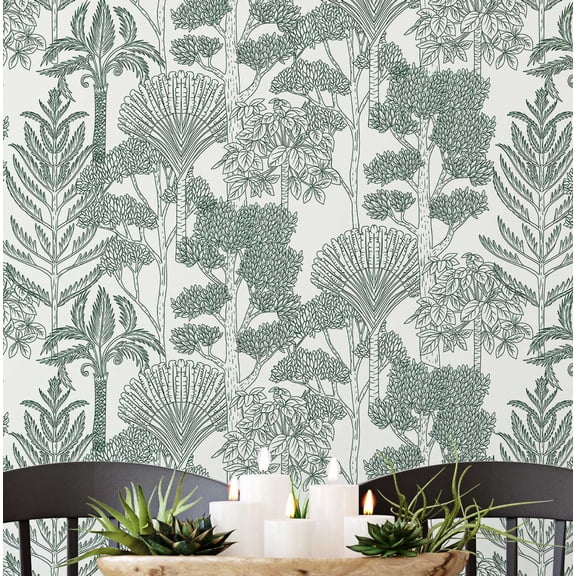 S4Sassy Self-Stick Decorative Wallpaper, Hand-Sketched Tropical Trees Wall Paper, Vinyl Waterproof Contact Paper, Green, 25"x120" Removable Renter Friendly Wall Covering For Bedroom, Dining room