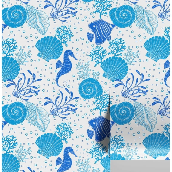 S4Sassy Self-Stick Decorative Wallpaper For Kids Room, Underwater Seahorse & Shells Wall Paper, Vinyl Waterproof Contact Paper, Blue, 25"x120" Removable Wall Covering For Baby Room, Playroom