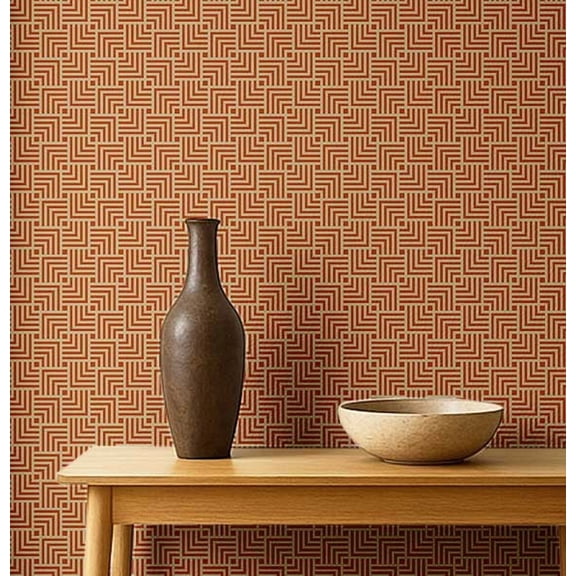S4Sassy Self-Stick Decorative Wallpaper, Maze Geometric Print Wall Paper, Textured Vinyl Waterproof Contact Paper, Orange, 25"x120"inch Removable Renter Friendly Wall Covering For Bedroom