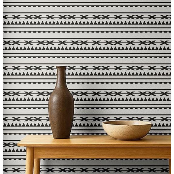 S4Sassy Self-Stick Decorative Wallpaper, Tribal Stripe Print Wall Paper, Vinyl Waterproof Contact Paper, Black, 25"x240"inch Removable Renter Friendly Wall Covering For Bedroom, Dining Room