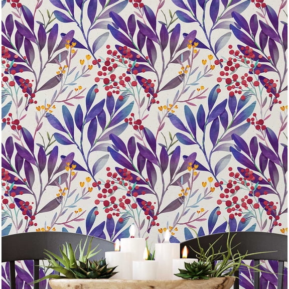 S4Sassy Self-Stick Decorative Wallpaper, Watercolor Berry Branches Wall Paper, Vinyl Waterproof Contact Paper, Purple, 25"X 360" Removable Renter Friendly Walls Covering For Bedroom, Dining Room