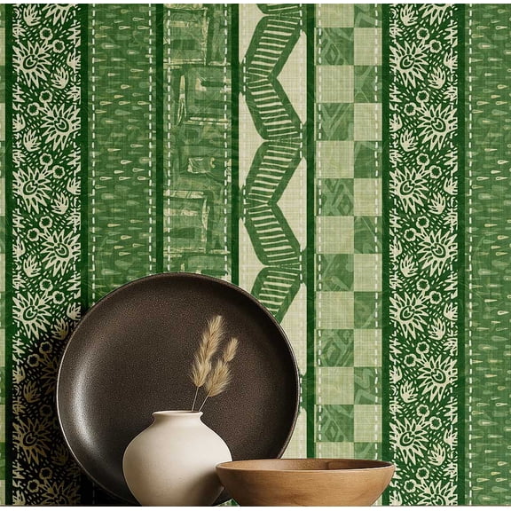 S4Sassy Striped Block Print Wallpaper - Asian Style Wall Covering, 25" X 120" Self-Adhesive Textured Vinyl Wallpaper, Decorative Wallwrap, Easy Diy Wall Covering For Bedroom, Living Room - Green