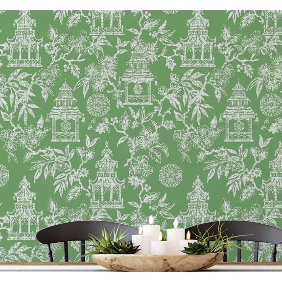 S4Sassy Temple Garden Wallpaper - Asian Style Wall Covering, 25" x 360" Self-Adhesive Wallpaper, Decorative Wall Wrap, Easy DIY Decor For Bedroom, Living Room, Living Spaces - Green