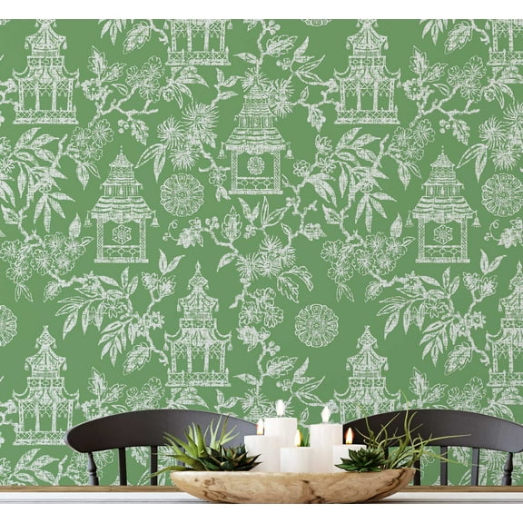 S4Sassy Temple Garden Wallpaper - Asian Style Wall Covering, 25" x 60" Self-Adhesive Wallpaper, Decorative Wall Wrap, Easy DIY Decor For Bedroom, Living Room, Living Spaces - Green