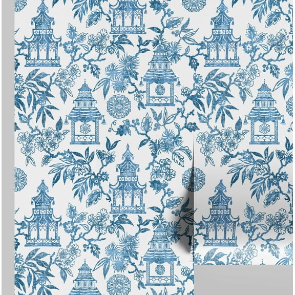 S4Sassy Temple Garden Wallpaper - Asian Style Wall Covering, 25" x 60" Self-Adhesive Wallpaper, Decorative Wall Wrap, Easy DIY Decor For Bedroom, Living Room, Living Spaces - Blue