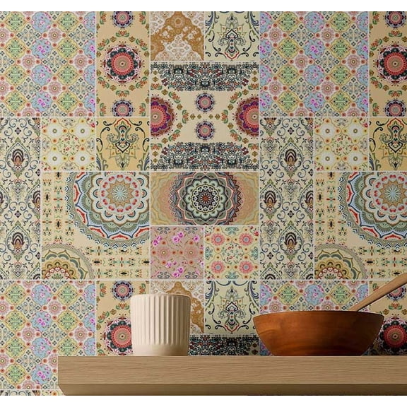 S4Sassy Tile Collage Wallpaper - Green Wall Covering, 25" x 60" Self-Adhesive Textured Vinyl Walls Paper, Wallwrap, Easy DIY Wall Covering For Boho aesthetic wall decor, Living Room, Living Spaces