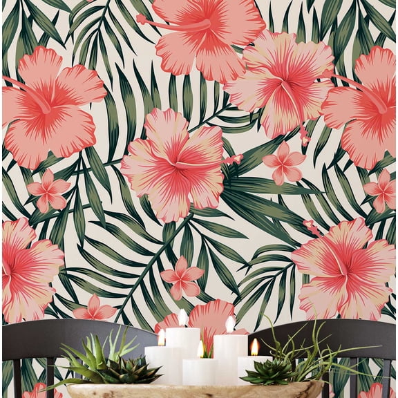 S4Sassy Tropical Hibiscus Floral Wallpaper- Orange Wall Covering,25" x 60" Self-Adhesive Vinyl Wallpaper, Decorative Walls Wrap, Easy DIY Wall Covering For Bedroom, Living Room, Living Space
