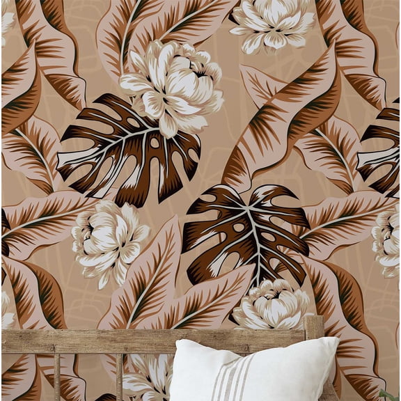 S4Sassy Tropical Leaves Wallpaper - Brown Wall Covering, 25" X 120" Self-Adhesive Plain Vinyl Wallpaper, Decorative Wallwrap, Easy Diy Wall Covering For Bedroom, Living Room, Living Space