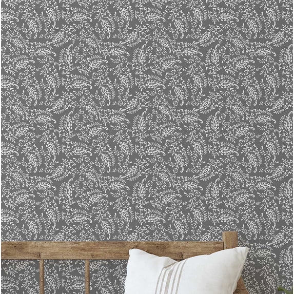 S4Sassy Vine Leaf Print Wallpaper - Asian Style Wall Covering, 25" x 120" Self-Adhesive Wallpaper, Decorative Wall Wrap, Easy DIY Decor For Bedroom, Living Room, Living Spaces - Gray