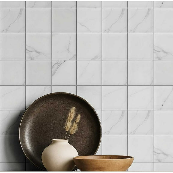 S4Sassy Vintage Style Waterproof Wall Wrap, Plain Finish Mosaic Tile Wallcover, Marble Texture Tile Print Contact Paper For Backsplash, Self Adhesive Vinyl Wallpaper, Diy Home Decor- White-25"X60"
