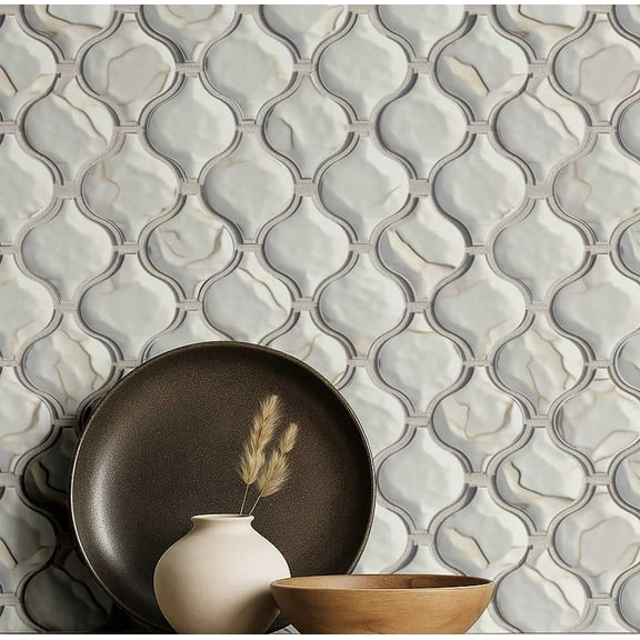 S4Sassy Vintage Style Waterproof Wall Wrap, Textured Finish Mosaic Tile Wallcover, Arabesque Tile Print Contact Paper For Backsplash, Self Adhesive Vinyl Wallpaper Roll, Home Decor- White-25"X120"