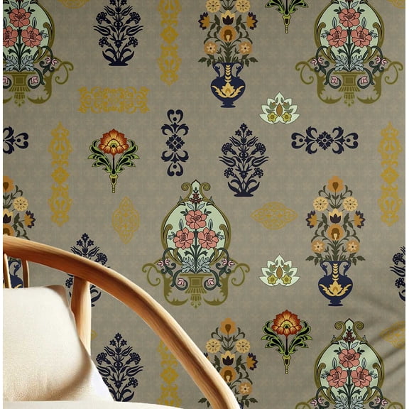 S4Sassy Vintage Vase Motif Wallpaper - Green Wall Covering, 25" x 360" Self-Adhesive Vinyl Wallpaper, Walls Wrap, Easy DIY Wall Covering For Farmhouse Bedroom, Room, Cabinets, Living Spaces