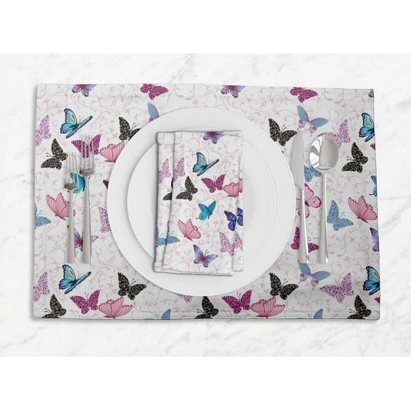 S4Sassy White Artistic Butterfly Everyday Washable Placemats With Napkins Dining Table Decor