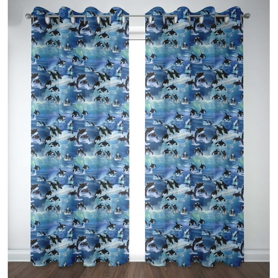 S4sassy Cotton Duck Dolphin Mix Blue Double Panel Eyelet Living Room Door Curtains- 54x84 Inches