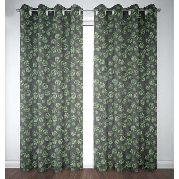 S4sassy Cotton Duck Monstera Leaves Gray Set of 2 Panel Eyelet Bed Room Door Curtains Drapes- 54x84 Inches