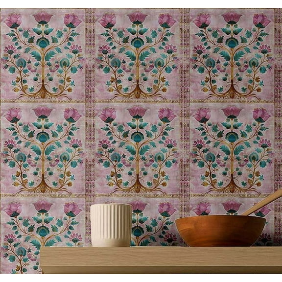 S4sassy Removable Art Deco Tile Waterproof Wall Wrap, Tree Of Life Wallcover, Pink Contact Paper for Backsplash, Kitchen, Self Adhesive Vinyl Wallpaper Roll, DIY Home Decor - Pink-25"x120" inch