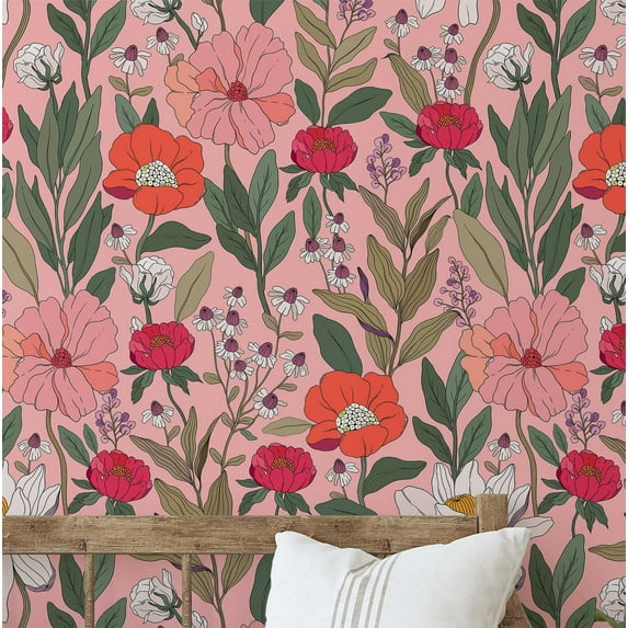 S4sassy Removable Nature-inspired Waterproof Wall Wrap, Textured Finish Wallcover, Blooming Garden Flower Contact Paper for Walls, Cabinet, Dresser, Self Adhesive Vinyl Wallpaper Roll- Pink (25"x60")