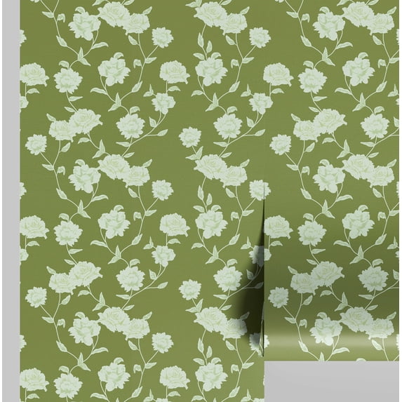 S4sassy Removable Nature-inspired Waterproof Wall Wrap, Textured Finish Wallcover, Gardenia Vine Print Contact Paper for Walls, Cabinets, Dresser, Self Adhesive Vinyl Wallpaper Roll- Green (25"x120")