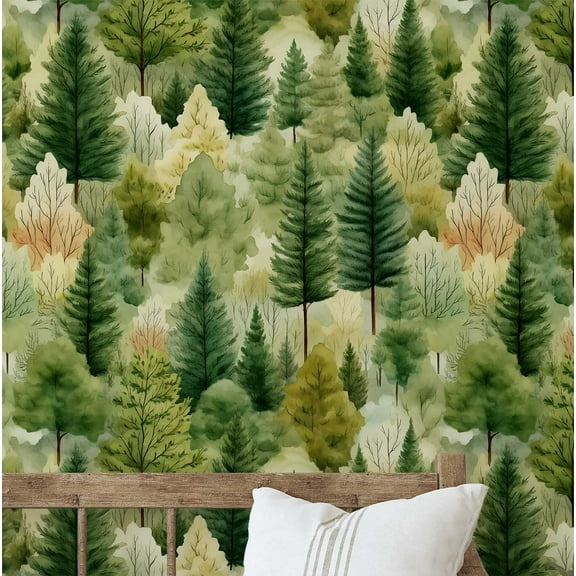 S4sassy Removable Nature-inspired Waterproof Wall Wrap, Textured Finish Wallcover, Watercolor Woodland Trees Print Contact Paper for Walls, Dresser, Self Adhesive Vinyl Wallpaper Roll- Green(25"x60")