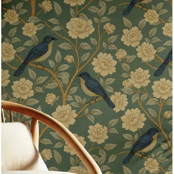S4sassy Removable Nature-inspired Waterproof Wall Wrap, Wallcover, Bloom & Black Bird Contact Paper for Walls, Cabinets, Dresser, Self Adhesive Vinyl Wallpaper Roll - Green (25"x240")