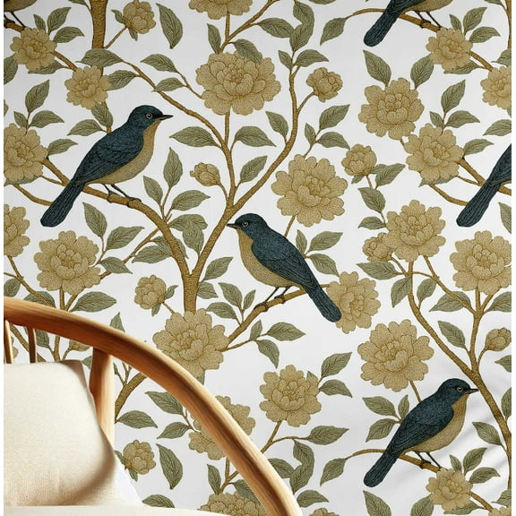 S4sassy Removable Nature-inspired Waterproof Wall Wrap, Wallcover, Bloom & Black Bird Contact Paper for Walls, Cabinets, Dresser, Self Adhesive Vinyl Wallpaper Roll - White (25"x60")