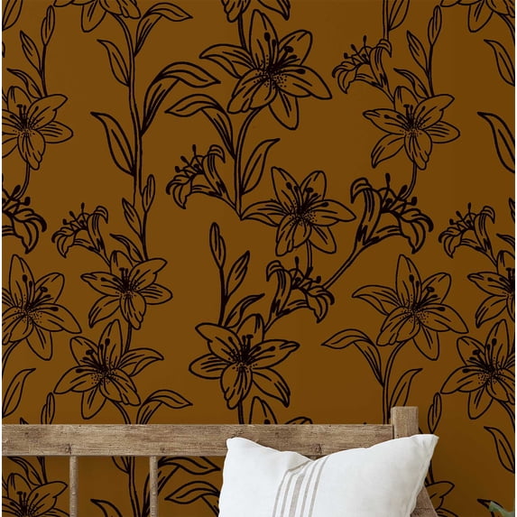 S4sassy Removable Nature-inspired Waterproof Wall Wrap, Wallcover, Lily Sketch Print Contact Paper for Walls, Cabinets, Dresser, Self Adhesive Vinyl Wallpaper Roll- Brown (25"x60" inch)