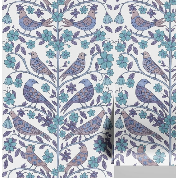 S4sassy Removable Nature-inspired Waterproof Wall Wrap, Wallcover, Pastel Bird & Floral Pattern Contact Paper for Walls, Cabinets, Self Adhesive Vinyl Wallpaper Roll- Purple (25"x360")