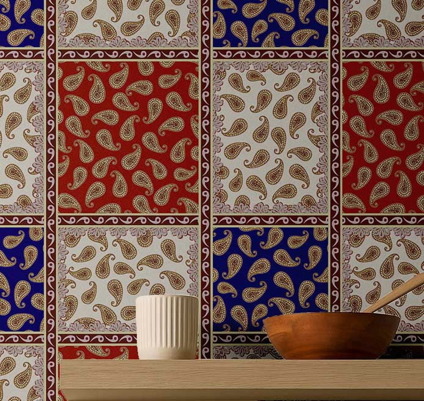 S4sassy Removable Square Tile Waterproof Wall Wrap, Paisley Block Print ...
