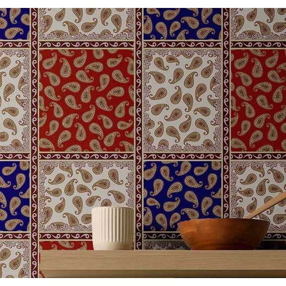 S4sassy Removable Square Tile Waterproof Wall Wrap, Paisley Block Print Wallcover, Red Contact Paper for Backsplash, Kitchen, Self Adhesive Vinyl Wallpaper Roll, DIY Home Decor - Red-25"x60" inch