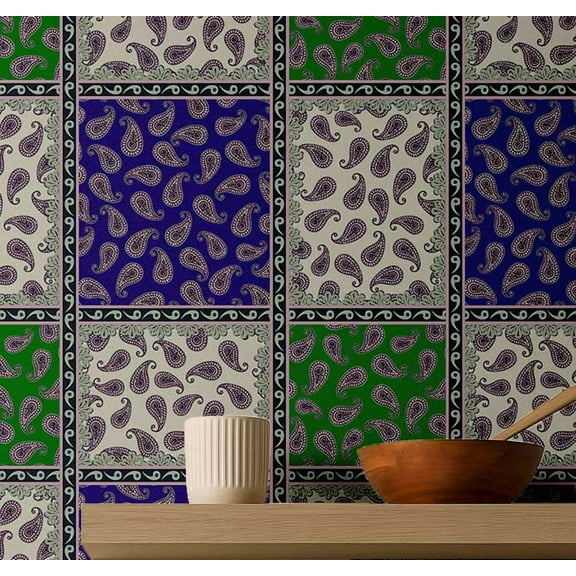 S4sassy Removable Square Tile Waterproof Wall Wrap, Textured Finish Paisley Block Print Wallcover, Blue Contact Paper for Backsplash, Kitchen, Self Adhesive Vinyl Wallpaper Roll - Blue-25"x240" inch