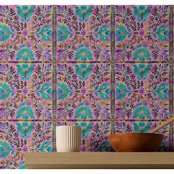 S4sassy Removable Vintage Style Waterproof Wall Wrap, Arabesque Pattern Tile Wallcover, Purple Contact Paper for Backsplash, Kitchen, Self Adhesive Vinyl Wallpaper Roll, DIY Decor- Purple-25"x240"