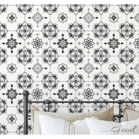S4sassy Removable Vintage Style Waterproof Wall Wrap, Mosaic Tile Wallcover, Floral Tile Contact Paper for Backsplash, Kitchen, Self Adhesive Vinyl Wallpaper Roll - Grey - 25"x60"