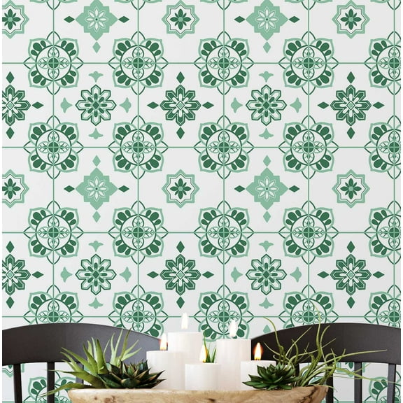 S4sassy Removable Vintage Style Waterproof Wall Wrap, Textured Finish Mosaic Tile Wallcover, Floral Tile Contact Paper for Backsplash, Kitchen, Self Adhesive Vinyl Wallpaper Roll- Green - 25"x240"