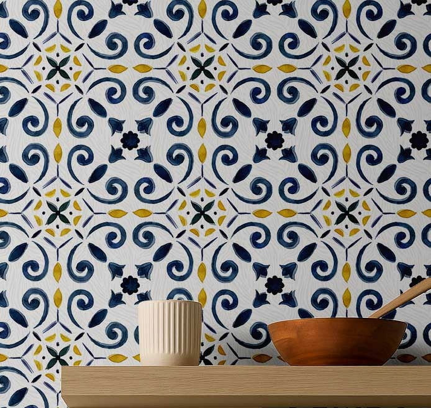 S4sassy Removable Vintage Style Waterproof Wall Wrap, Textured Finish Mosaic Tile Wallcover, Scroll Tile Contact Paper for Backsplash, Kitchen, Self Adhesive Vinyl Wallpaper Roll - Blue - 25"x240"