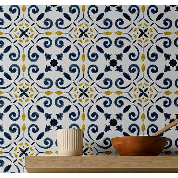 S4sassy Removable Vintage Style Waterproof Wall Wrap, Textured Finish Mosaic Tile Wallcover, Scroll Tile Contact Paper for Backsplash, Kitchen, Self Adhesive Vinyl Wallpaper Roll - Blue - 25"x360"