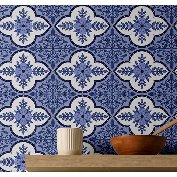 S4sassy Removable Vintage Style Waterproof Wall Wrap, Wallcover, Mosaic Tile Print Contact Paper for Backsplash, Kitchen, Self Adhesive Vinyl Wallpaper Roll, DIY Home Decor - Blue - 25"x240" inch
