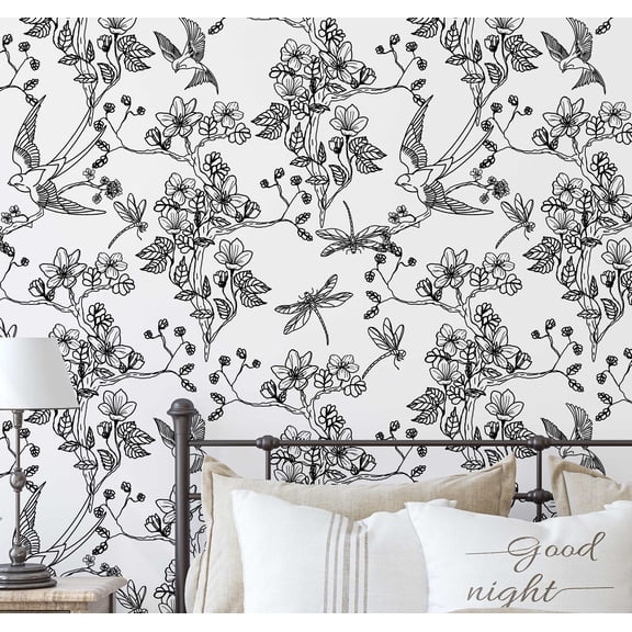 S4sassy Self Adhesive Wallpaper, Bird & Dragonfly Garden Wallpaper, Black Removable DIY Vinyl Wall Covering, Peel and Stick Contact Paper for Entryway accent Wall, Easy Home Decor Solution (25"x60")