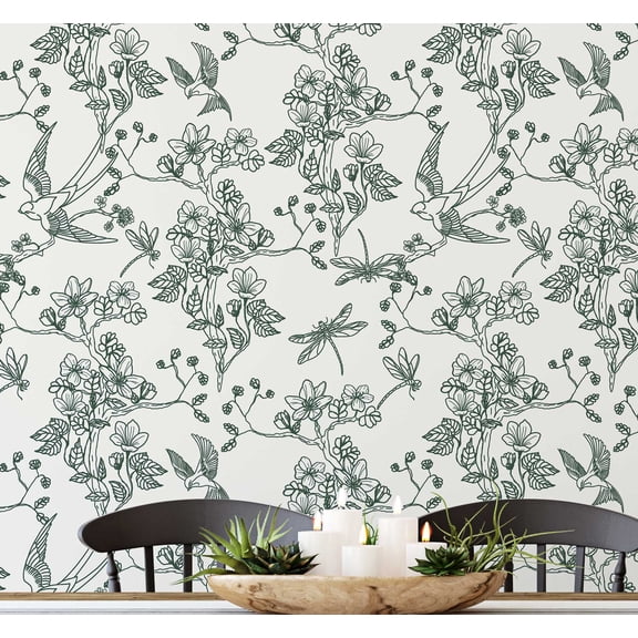 S4sassy Self Adhesive Wallpaper, Bird & Dragonfly Garden Wallpaper, Green Removable DIY Vinyl Wall Covering, Textured Peel and Stick Contact Paper for Entryway accent Wall, Easy Home Decor (25"x120")